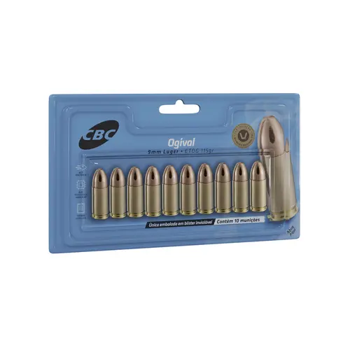 Munição CBC Calibre 9mm Luger ETOG 115gr Blister 10un Munição CBC Calibre 9mm Luger ETOG 115gr Blister 10un