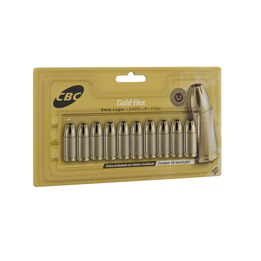 Munição CBC Calibre 9mm Luger EXPO +P+ 115gr Gold Hex Blister 10un