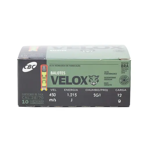 Cartucho CBC 28 GA Câmara 70mm Knock Velox Balote SG1 12g Caixa 25un