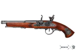 1127/G - REPLICA DECORATIVA NAO FUNCIONAL DE PISTOLA DE PEDERNEIRA (PARA CANHOTOS), FRANÇA, SÉCULO XVIII., SEM MECANISMO INTERNO, FABRICADA EM MADEIRA E ZAMAC